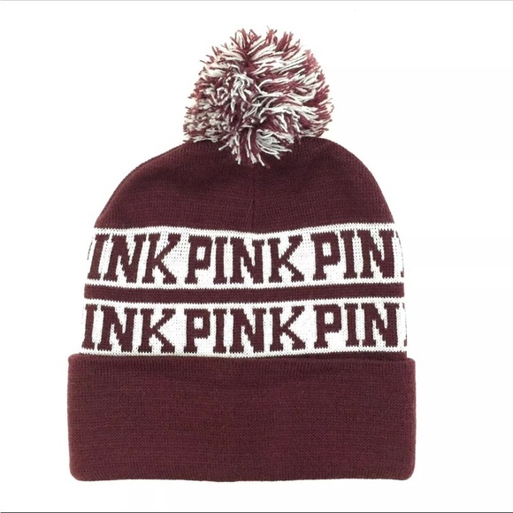 Pink Victoria Secret Womens Beanie Toboggan Pom Skull Cap Ski Striped Winter Hat - Picture 9 of 9